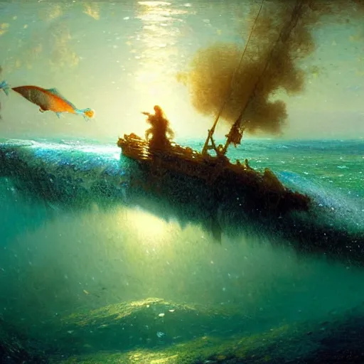 Image similar to point of view of deep in the ocean looking up, you see fishes, higher up you see the milk way, night time. highly detailed painting by gaston bussiere, greg rutkowski 8 k