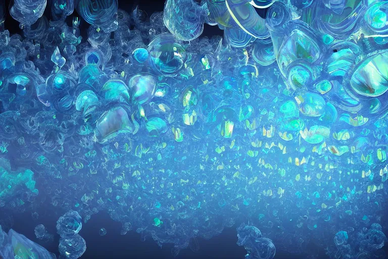 Image similar to simplicity, a flock of many ornate bioluminescent puffy filigreed clouds tangled into large whirling ultra detailed clumps of crystal specimens, abstract environment, playful, award winning art, epic dreamlike fantasy landscape, ultra realistic,