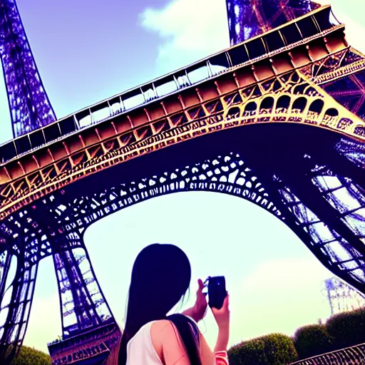 Prompt: an anime girl taking a picture of the eiffel tower, trending on artstation