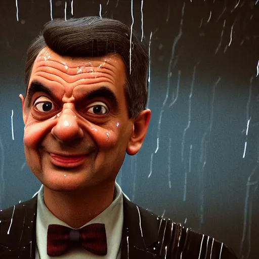 Image similar to a mr bean portrait, rain, neon, beautiful, rendered in octane, unreal engine, cinematic