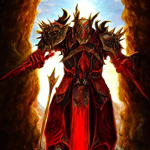 Image similar to blood paladin, fantasy art, located in a castle, legendary spiky armor, red sunlight through the window, decorated, high quality, highly detailed,