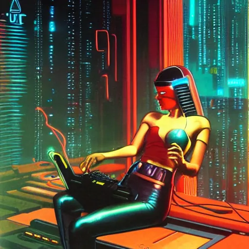 Image similar to cable plugged into cyberdeck, right temple, cyberpunk woman, computer, 1 9 7 9 omni magazine cover, style by vincent di fate, cyberpunk 2 0 2 0