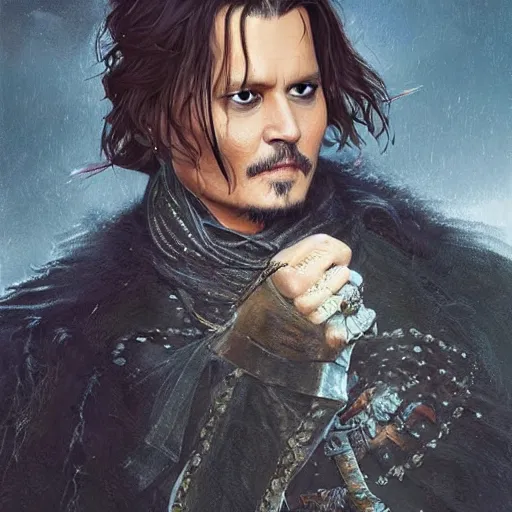 Image similar to johnny depp in game of thrones, highly detailed digital painting, artstation, concept art, smooth, sharp focus, illustration, art by artgerm and greg rutkowski and alphonse mucha