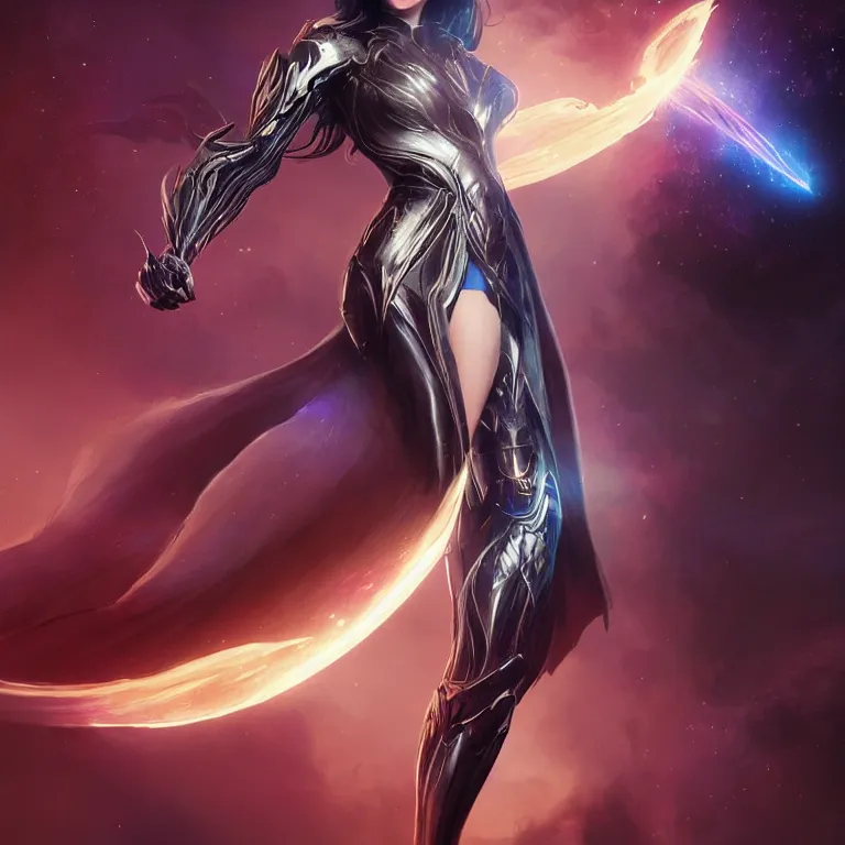 Image similar to beautiful cinematic fantasy poster, a beautiful woman in a superhero suit with a dramatic pose, beautiful glowing galaxy eyes, wideshot ultrawide angle epic scale, hybrid from The Elden Ring and art direction by Darius Zawadzki ;by artgerm; wayne reynolds art station; cinematic quality character render; low angle; ultra high quality model; production quality cinema model;