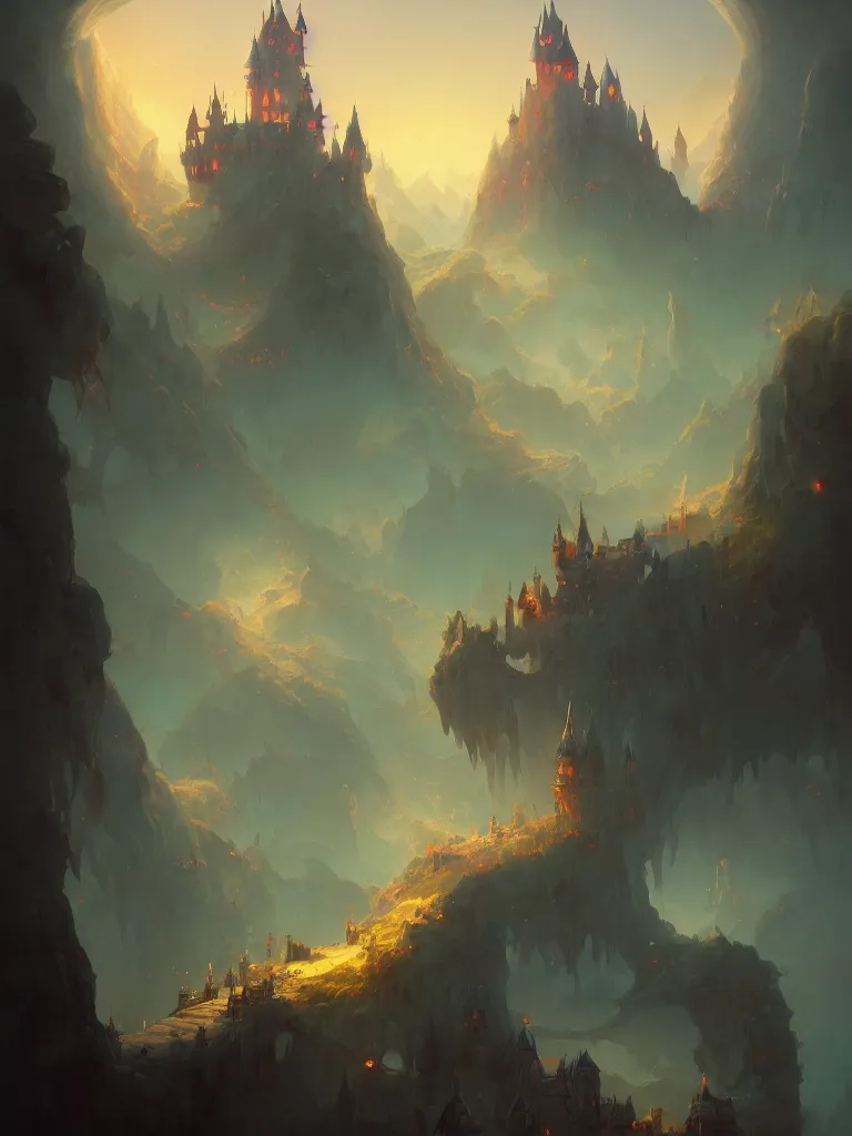 Prompt: a necromancer's magical castle on a cliff by peter mohrbacher, morning light, artstation, illustration, fantasy art
