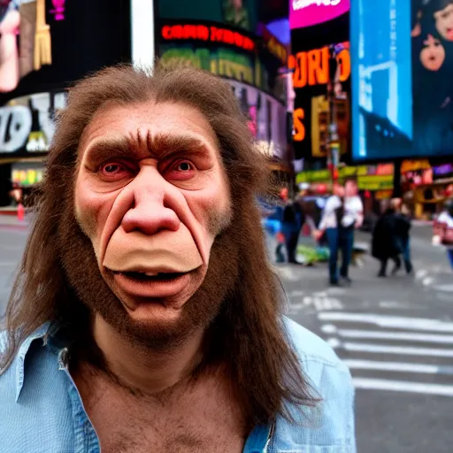 Image similar to a neanderthal confused in times square