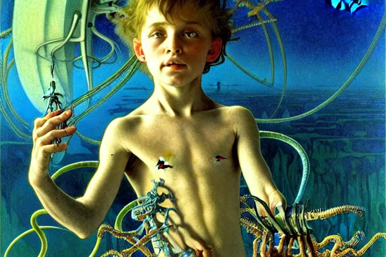 Image similar to realistic extremely detailed portrait closeup painting of a ghost kid playing with giant spider, futuristic sci-fi landscape on background by Jean Delville, Amano, Yves Tanguy, Alphonse Mucha, Ernst Haeckel, Edward Robert Hughes, Roger Dean, rich moody colours, blue eyes