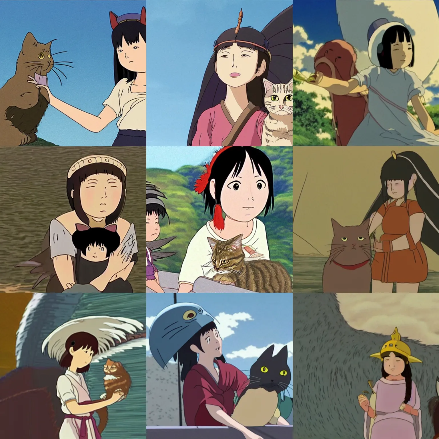 Prompt: Smiling sorceress holding a tabby cat, wearing a winged helmet. Skinny asian woman with short-cut shoulder length hair, wearing a winged helmet. Beautiful still from Spirited Away by Studio Ghibli