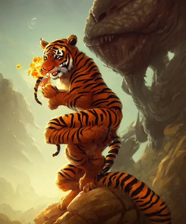 Prompt: a portrait an anthropomorphic tiger ninja eating tacosl, landscape in background, cute and adorable, dnd character art portrait, well rendered matte fantasy painting, deviantart artstation, by jason felix by steve argyle by tyler jacobson by peter mohrbacher, cinematic lighting