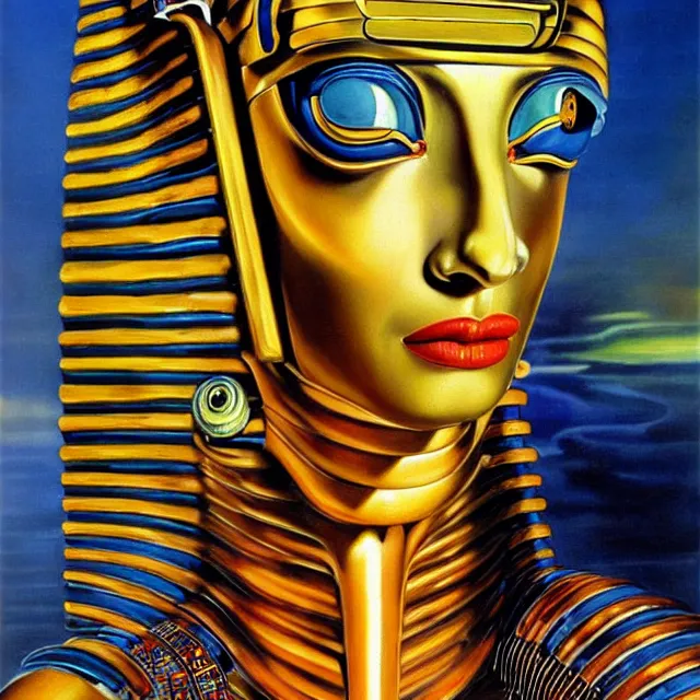 Image similar to a beautiful painting cyberpunk robot queen of egypt medusa face, by salvador dali realistic oil painting