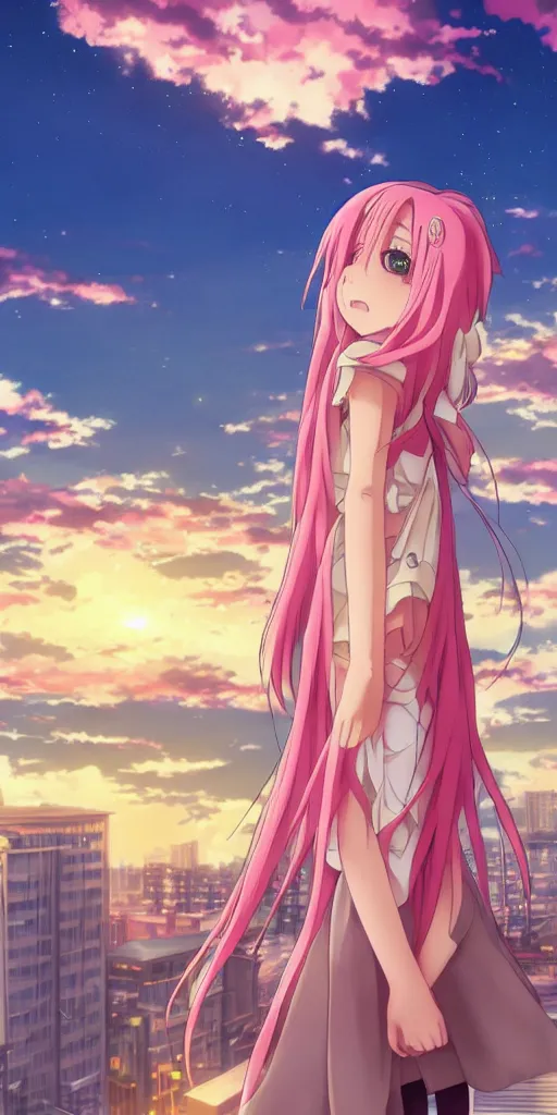 Image similar to anime art, anime key visual of a cute elegant anime girl with pink hair and big eyes, city rooftop at sunset with clouds, golden hour sunset, background blur bokeh!, beautiful lighting, high quality illustration, studio ghibli