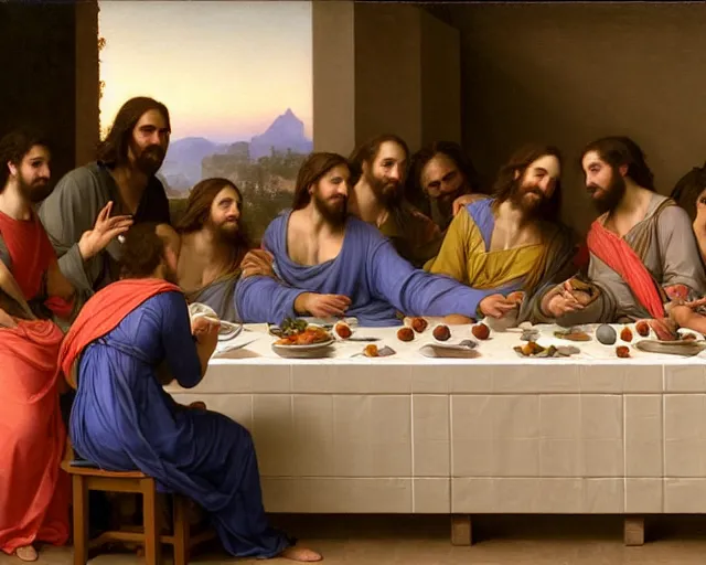 Image similar to beautiful glorious realistic oil painting of the last supper, baroque style by bouguereau, sunset, highly detailed and photorealistic, 8 k hdr intricate