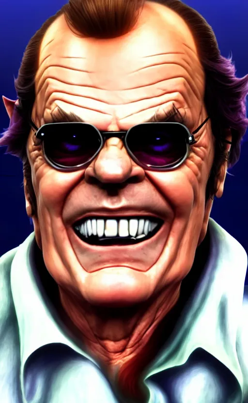 Image similar to Jack Nicholson as a character in the game League of Legends, with a background based on the game League of Legends, detailed face, old 3d graphics