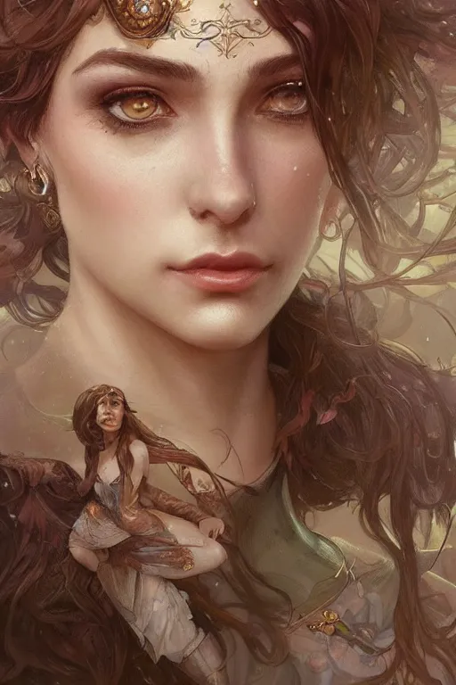 Image similar to up close portrait of a beautiful fae, d & d, face, fantasy, intricate, elegant, highly detailed, digital painting, artstation, concept art, smooth, sharp focus, illustration, art by artgerm and greg rutkowski and alphonse mucha