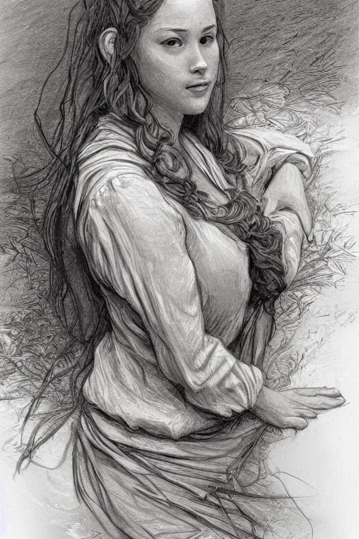 Image similar to beautiful natural coy cottagecore peasant maiden plain girl, life drawing, intricate, elegant, highly detailed, digital painting, artstation, concept art, smooth, sharp focus, master illustration, art monet and mucha