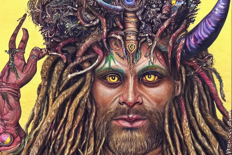 Image similar to a hyper-detailed painting with high details and textures of a psychedelic demon with dreadlocks horns and several eyes, he is in a meditation position and has an open third eye and mystical spiritual powers, the mix cernunnos + shiva