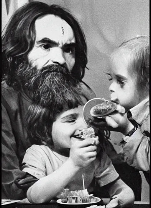 Image similar to vintage pharamaceutical magazine advertisement depicting charles manson feeding jello to children