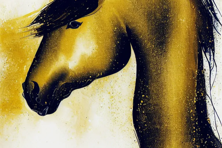 Prompt: beautiful serene horse, healing through motion, minimalistic golden ink aribrush painting on white background