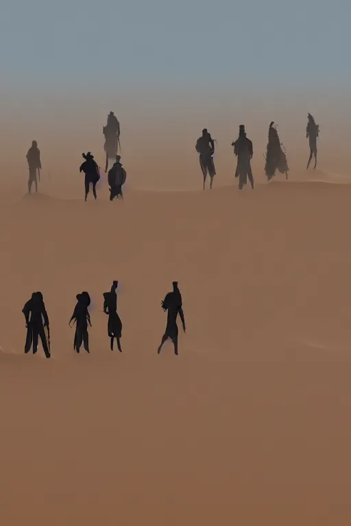 Image similar to Silhouettes of human figures, caravan on a high dune in the desert before a sandstorm, highly detailed, dusty and dark, hyper-realistic environment,Epic concept art. Octane render and Unreal Engine