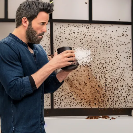 Prompt: nendoriod of ben affleck spilling coffee, detailed product photo, 8 k