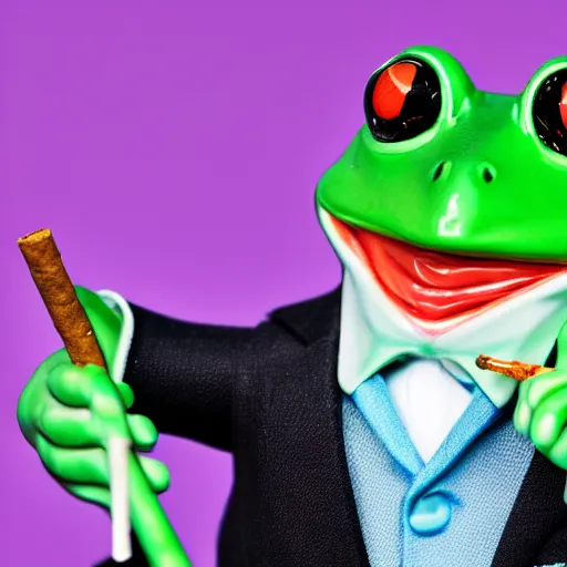 Image similar to a high detail closeup shot of a frog wearing a suit 👔,and smoking a cigarrette🚬