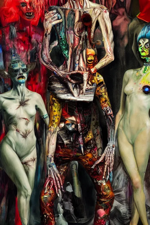 Prompt: crazy fashion catwalk, freak show, one model, crazy clothes, biopunk style, horror, hauntingly surreal, highly detailed painting by francis bacon, edward hopper, adrian ghenie, gerhard richter, and james jean soft light 4 k