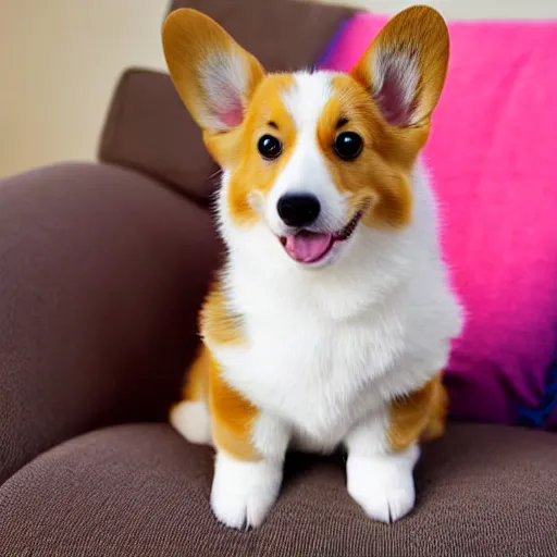 Image similar to 8k highly detailed photograph of the most adorable Corgi Puppies wearing a rainbow bandana, posing on my couch, golden hour,