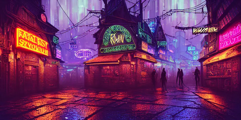 Prompt: fantasy medieval cyberpunk townscape, rain, neon signs, shops, arcade, market, nightclub, weaponsmith, blacksmith, armorer, floating vehicles, people, cinematic establishing shot, purple teal blue white pink orange color scheme, sharp focus, very realistic, photorealistic, intricately detailed, finely textured, cgsociety