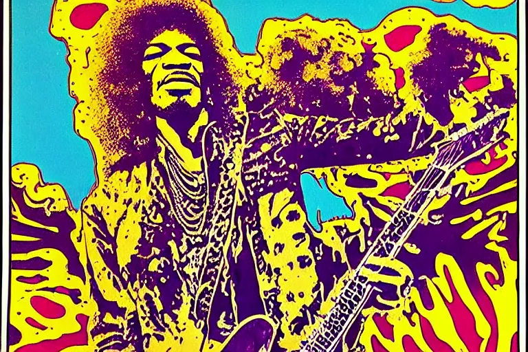 Image similar to grunge rock jimi hendrix, psychedelic concert poster, grainy, surrealist hand drawn by Frank Kozik, extremely detailed.