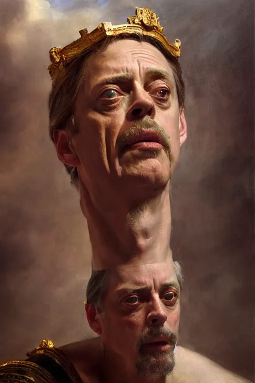 Image similar to beautiful detailed expressive impressionistic oil painting portrait of ancient roman god emperor steve buscemi ascending on high wearing the civic crown, renaissance painting, dark background, art by anders zorn, wonderful masterpiece by greg rutkowski, expressive brush strokes, beautiful cinematic light, american romanticism by greg manchess, jessica rossier