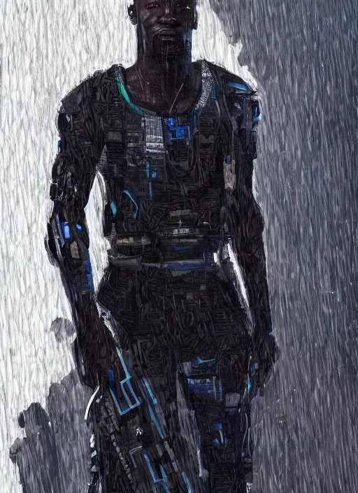 Image similar to portrait of african man warrior, techwear, cyberpunk, by rafael albuquerque