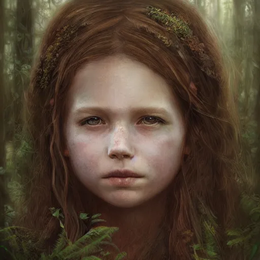 Prompt: a forest child girl portrait by leesha hannigan, fantasy, artwork, digital art, highly detailed face, nature, light, fog