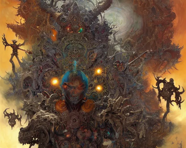 Prompt: the squad of death and the incarnate of evil, fantasy character portrait made of fractals facing each other, ultra realistic, wide angle, intricate details, the fifth element artifacts, highly detailed by peter mohrbacher, hajime sorayama, wayne barlowe, boris vallejo, aaron horkey, gaston bussiere, craig mullins