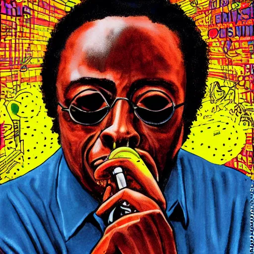 Prompt: miles davis in the style of daniel johnston, 4k