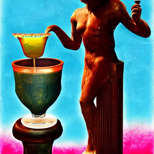 Image similar to a reneissance statue holding a coctail, medium shot, colorful coctail, digital painting