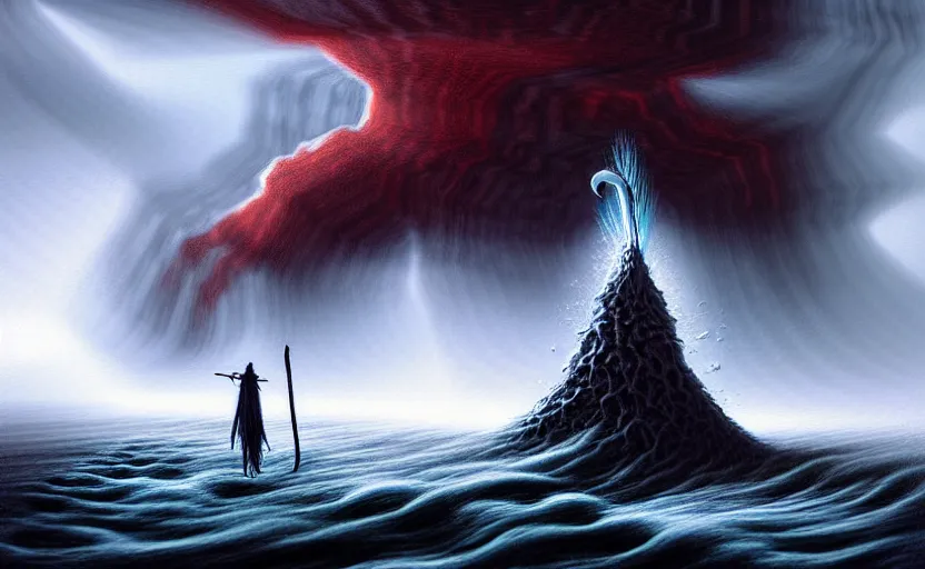 Image similar to beautiful digital fantasy illustration of a demon holding a staff!!, hellish background, a giant wave in the sky, apocalypse art!!!!, apocalypse landscape!!!!!, lovecraftian!!, cosmic horror!!!, concept art by Jarosław Jaśnikowski, a detailed matte painting by Dan Luvisi, cgsociety, fantasy art, highly detailed, soft lighting, rendered in octane, masterpiece, very very very aesthetic