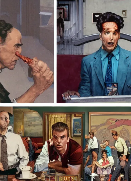 Prompt: a still from the tv series seinfeld and a still from the film avengers : infinty war of francis bacon and norman rockwell and james jean, a still from the movie godfather by mark brooks, triadic color scheme, by greg rutkowski, syd mead and edward hopper and norman rockwell and beksinski, dark surrealism, orange and turquoise