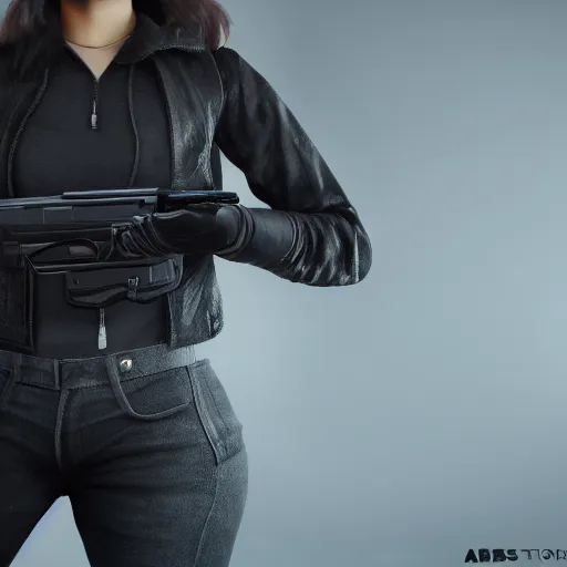 Prompt: photograph of a young woman wearing a all black clothes holding a Gun, detailed, artstation, concept art, Unreal Engine 5 render, gameplay showcase, 8K