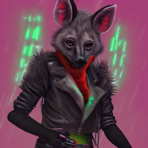 Image similar to digital painting of anthromorphic hyena female smoking cigarrete, fursona, furry fandom, furaffinity, neon rainy cyberpunk setting, anthro, wearing cyberpunk leather jacket, detailed face, blade runner, zootopia style,