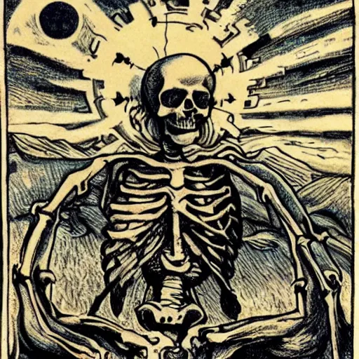 Image similar to a skeleton in Jesus Christ's shroud stanging on the earth sphere with an epic thermonuclear blast in background, praying for mercy