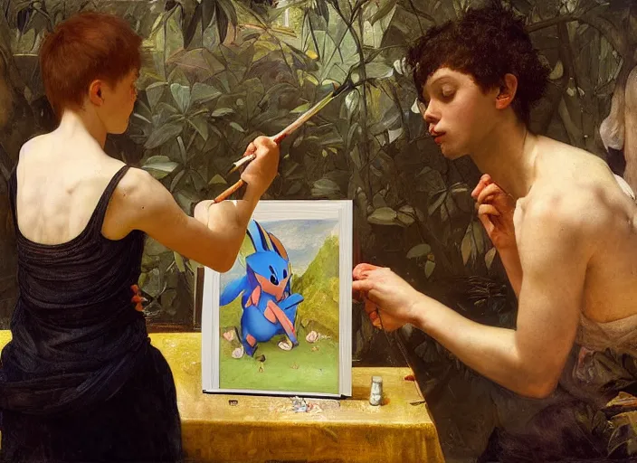 Image similar to a young painter in his studio painting a picture of a colourful pokemon, by edgar maxence and caravaggio and michael whelan and delacroix style, artistic, intricate drawing, cinematic lighting, hyper realistic, extremely detailed, establishing shot, 8 k resolution, dramatic lighting