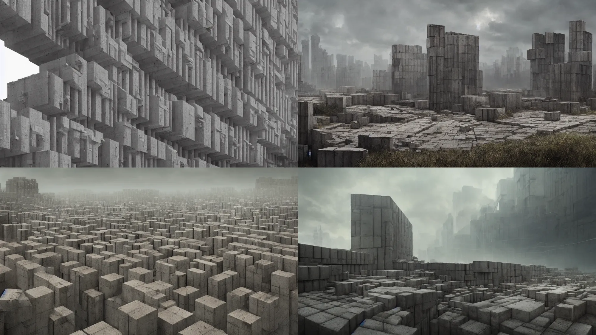 Prompt: giant dystopian walls of stacked concrete blocks scattered across land, huge walls stretching into the grey sky, octane render, 4 k, trending on artstation, award - winning, art by greg rutkowski