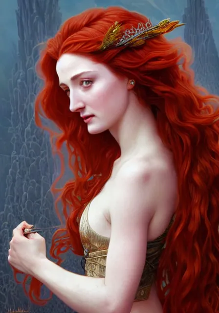 Image similar to portrait of sansa stark with long red hair, intricate, elegant, highly detailed, digital painting, artstation, concept art, smooth, sharp focus, illustration, art by artgerm and greg rutkowski and alphonse mucha and william - adolphe bouguereau