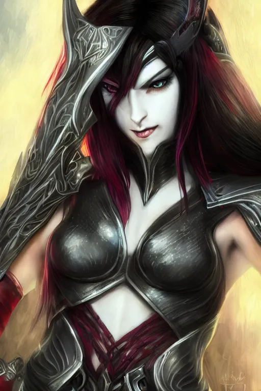 Prompt: portrait of a beautiful female night elf warrior with pale grey skin. black hair. sombra hair cut. red eyes. full set of leather armour, yoshitaka amano,