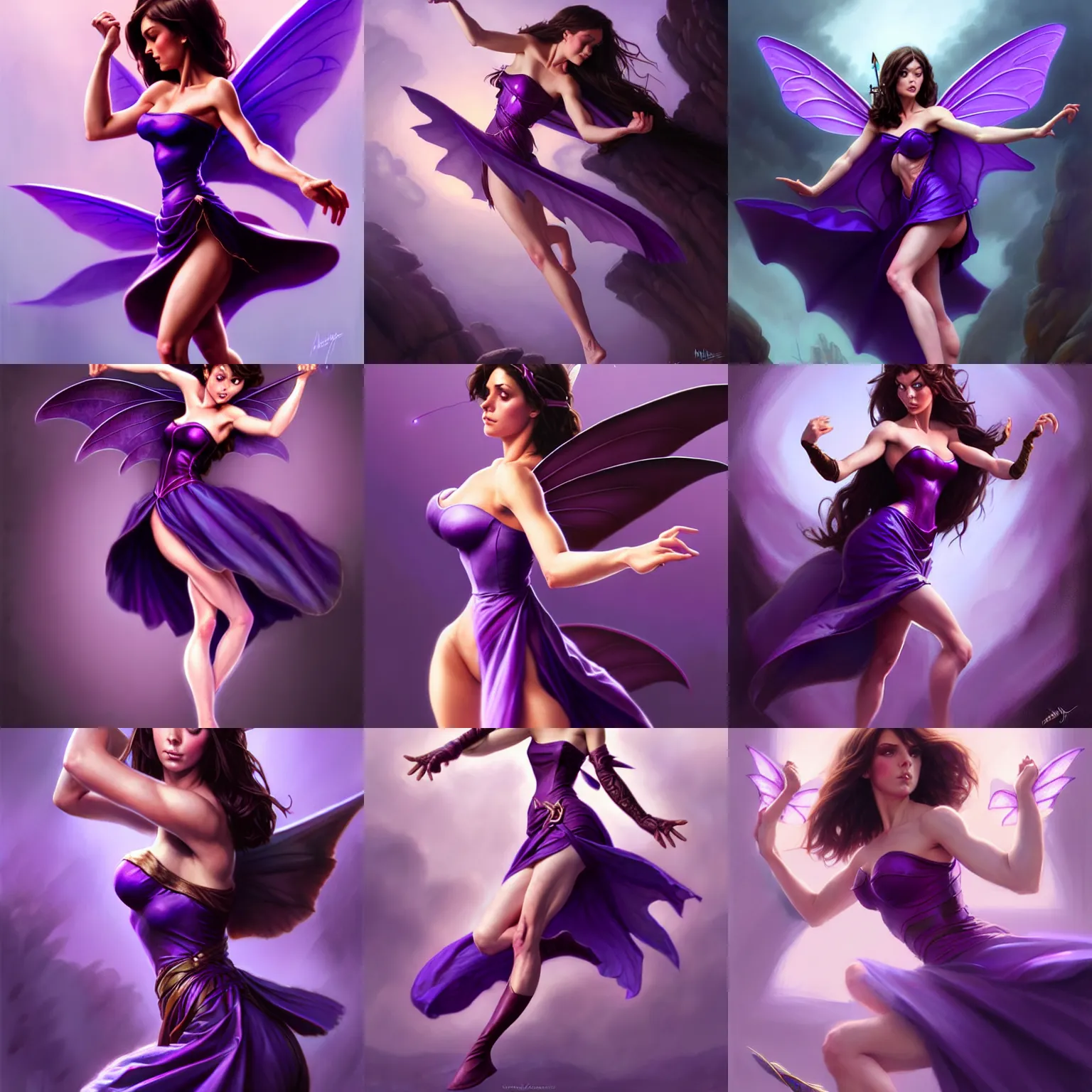 Prompt: brunette fairy woman stretching, wearing purple strapless dress, d & d, fantasy, highly detailed, digital painting, trending on artstation, concept art, sharp focus, illustration, art by artgerm and greg rutkowski and magali villeneuve