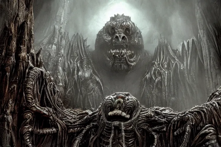 Image similar to a balrog lurking in moria, style of h. r. giger, many columns, mines of moria from the lord of the rings in the style of h. r. giger, directed by ridley scott, dark, cinematic, highly detailed, very realistic, photorealistic, filmed, cinemascope