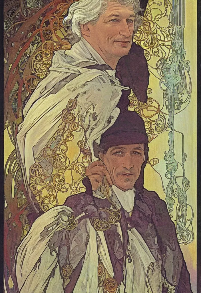 Image similar to realistic white - haired geoffrey hinton on a tarot card, tarot in art style by alphonse mucha