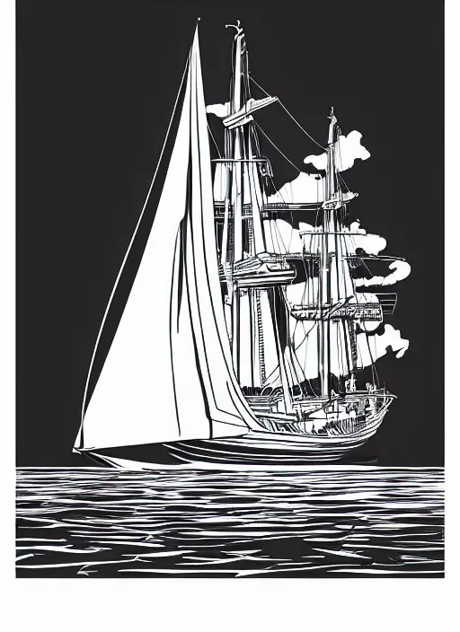 Image similar to photo realistic galleon sailing into sunset, art by james o barr, steel engraving, black and white, vector, vector art