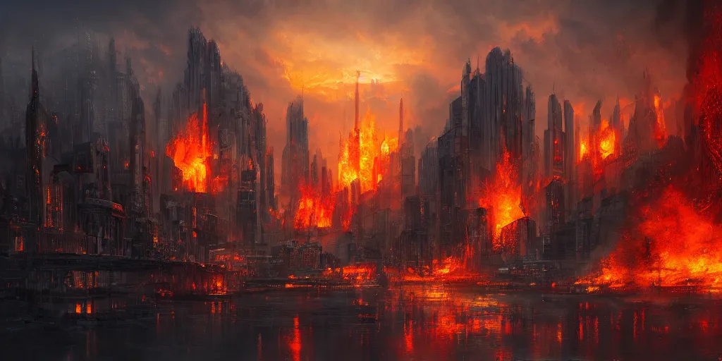 Image similar to city of fire and brimstone, digital art by paul chadeisson, trending on artstation, photoshop, concept art, high resolution