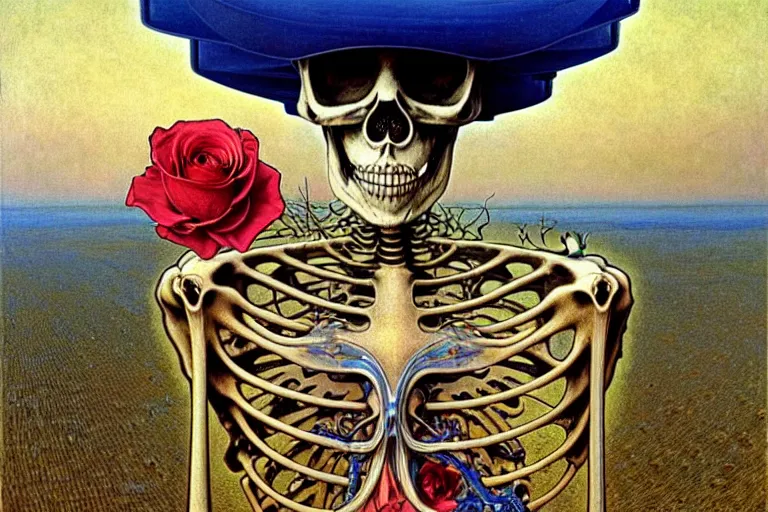 Image similar to realistic detailed portrait painting of a skeleton with a single rose wearing sci-fi helmet in a dystopian desert by Jean Delville, Amano, Yves Tanguy, Alphonse Mucha, Ernst Haeckel, Edward Robert Hughes, Roger Dean, rich moody colours, blue eyes